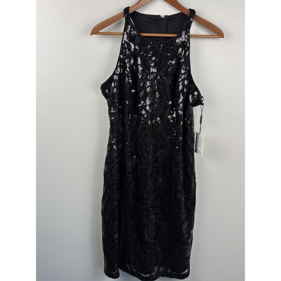 NWT Calvin Klein Mid-length Sequin Sheath Black Dress Sz 10 Cocktail Wedding - Picture 2 of 10
